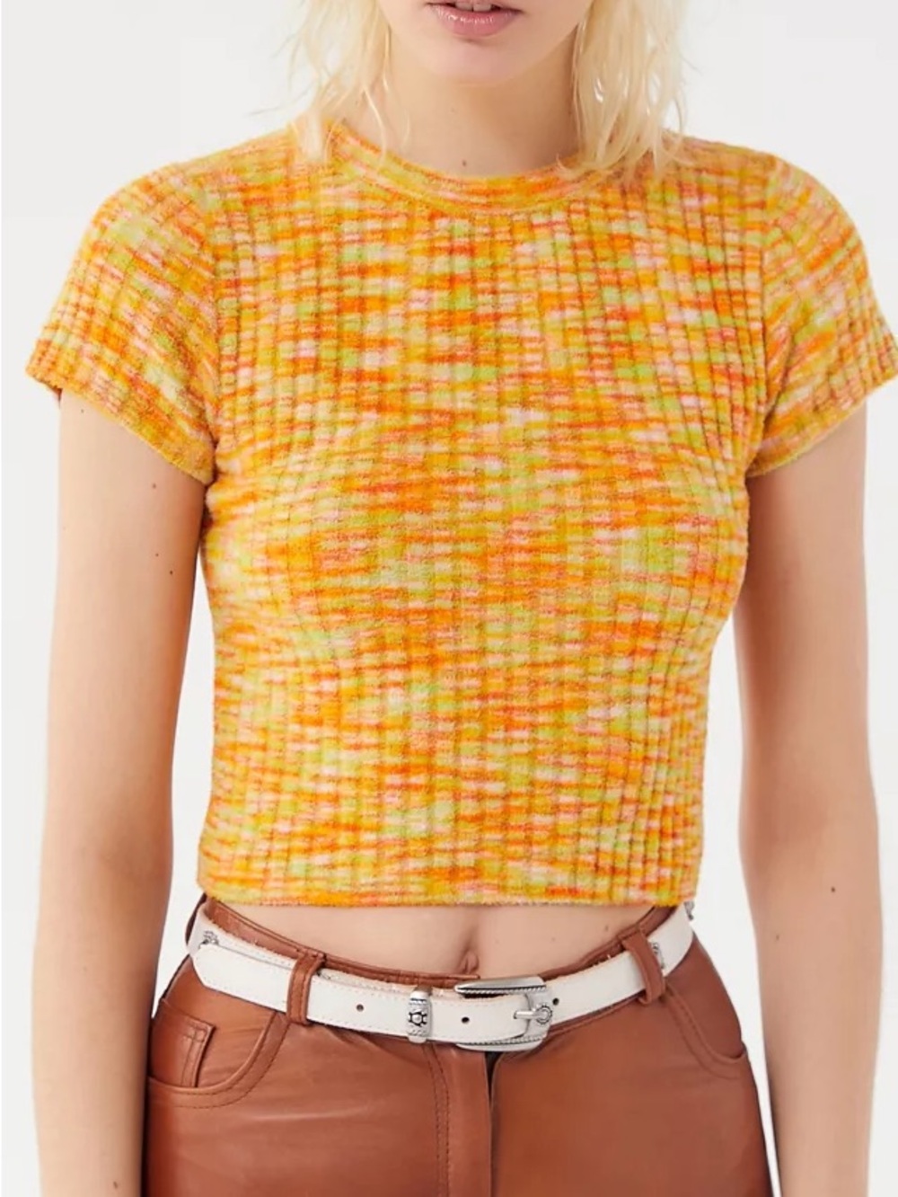 Urban Outfitters Bliss Fuzzy Cropped Crew Neck Tee Bright Orange Space Dye Small